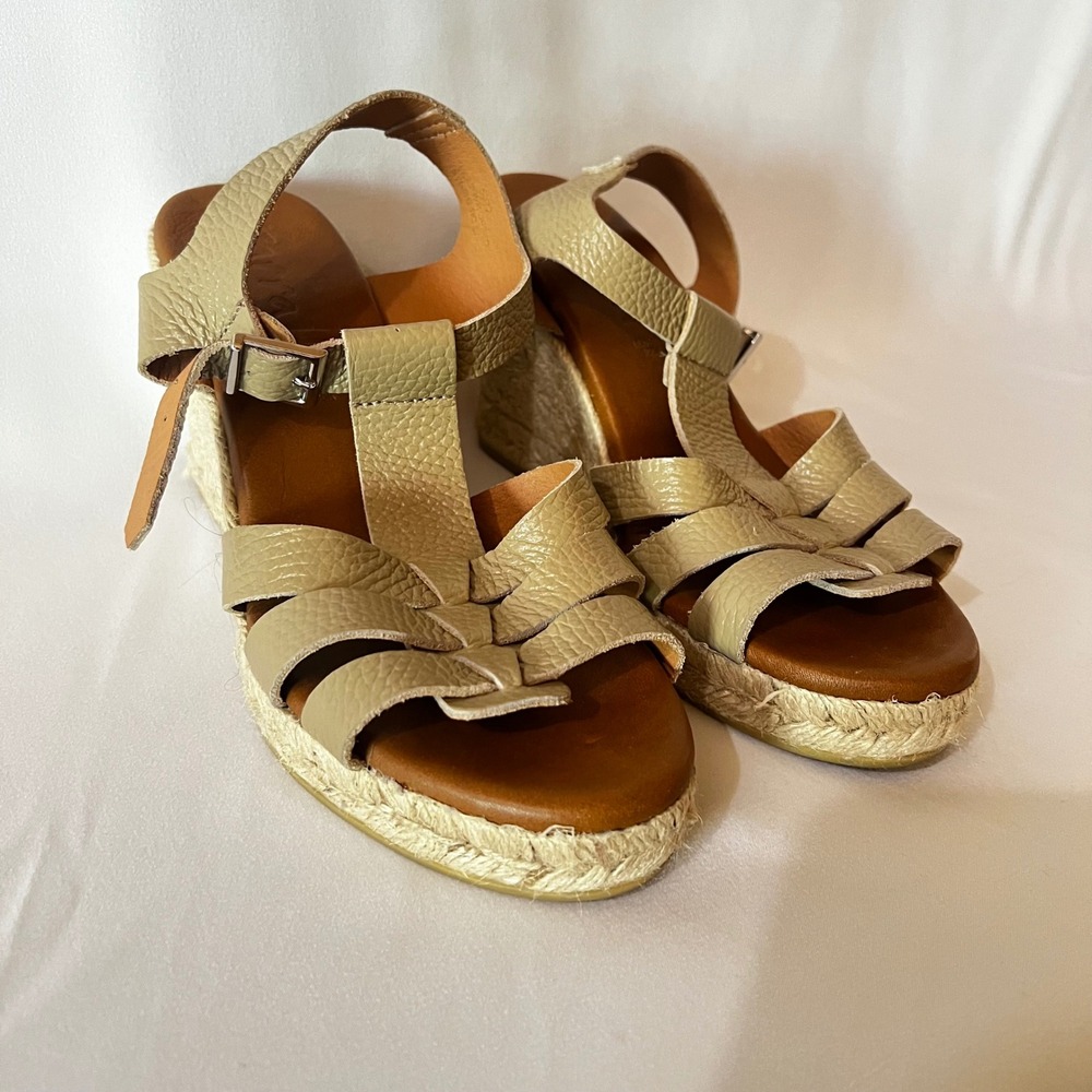 Karralli Spanish Leather Wedge Sandal Tan Strappy Caged Espadrille EU 39 US 8.5